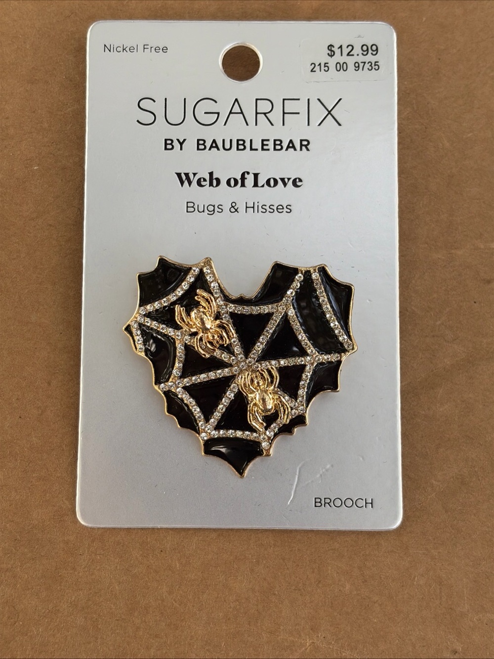 BaubleBar Black & Gold Heart Web Brooch with Crystal Accents